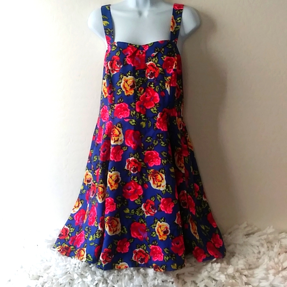 Forever 21 Plus+ Cobalt Blue Floral Dress Size 1X Sleeveless Circle Skirt Retro